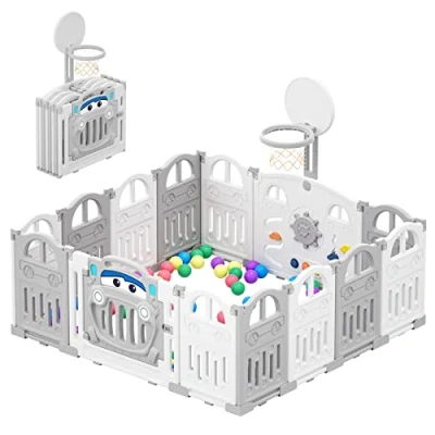 Abbildung von UBRAVOO Faltbarer Baby Laufstall mit Mini Basketballkorb und 50 farbigen Pit Bällen, Auto für Babys Kleinkinder, großes lustiges Indoor Aktivitätszentrum, EDP001 (14 Panel)