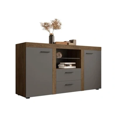 Abbildung von Mirjan24 Kommode Rango mit Glasboden, Highboard Sideboard, Anrichte, Naturtöne, Mehrzweckschrank, Wohnzimmerschrank, Schrank (ohne Beleuchtung, Lefkas Eiche/Graphit)