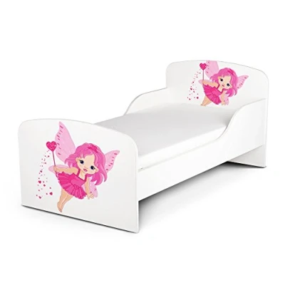 Abbildung von Leomark Funktionsbett aus Holz Pink Fairy Kinderbett mit Matratze, Holzbett Seitenschutz Lattenrost, Komplett Set für Kinderzimmer, Liegefläche 70/140 cm, UV Druck