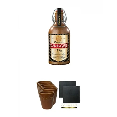 Abbildung von Original Wikinger Met im Tonkrug 0,5 Liter + Tonbecher 6er Set Schiefer Glasuntersetzer eckig ca. 9,5 cm Ø 2 Stück