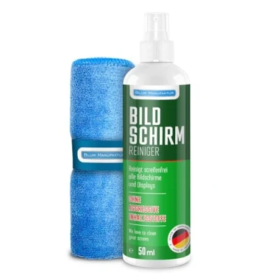 Abbildung von Blum Manufaktur Bildschirmreiniger 1x 50ml + 30x30 cm Mikrofasertuch Supersoft 365GSM Screen Cleaner Display Reiniger Absolut streifenfreie Reinigung von Handy, Laptop, PC, TV (50 ml)