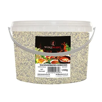Abbildung von Wacholderbeeren geschrotet. Süßer Gewürz Wacholder aus Europa, keimreduziert. PE Eimer 1300g (1,3 KG)
