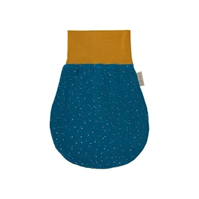 Abbildung von KraftKids Strampelsack Musselin goldene Punkte auf Petrol für den Frühling/Sommer aus Baumwolle in zwei Größen erhältlich