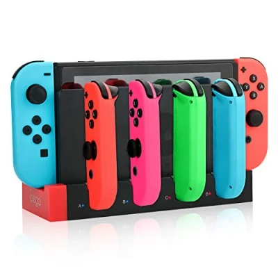 Abbildung von Ladestation Kompatibel mit Switch Joycons Controller, Controller Ladegerät Dockstation für 4 Stück Joy Con Ladegeräte Laternenpfahl LED Anzeige