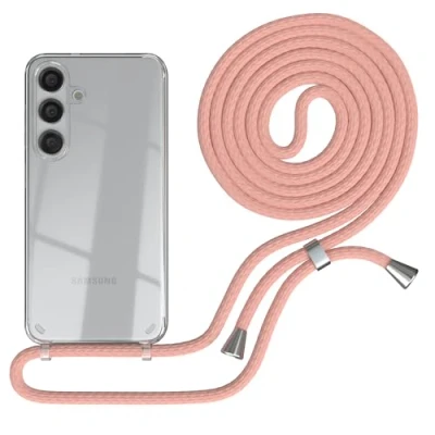 Abbildung von EAZY CASE Handykette kompatibel mit Galaxy S25 Handyhülle Umhängeband, Handykordel Schutzhülle, Silikonhülle, Hülle Band, Stylische Kette für Smartphone, Alt Rosa Clips Silber