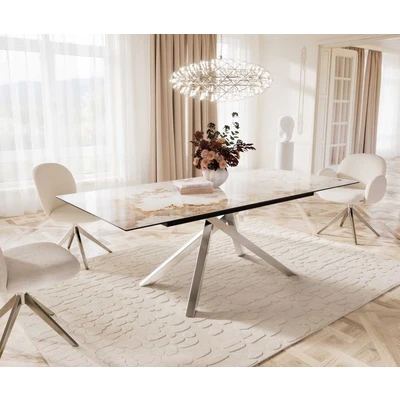 Abbildung von Esstisch Edge 180 220x100 Keramik Minas Melange Weiß Beige Kreuzgestell Rechteck Edelstahl ausziehbar