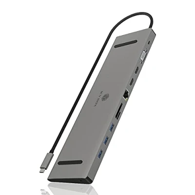 Abbildung von ICY BOX USB C Docking Station (11 in 1) für 2 Monitore (2x HDMI &amp; 1x VGA), 4K 30Hz, 3 fach 3.0 HUB, 100W Power Delivery, Gigabit Ethernet, Kartenleser, Grau, IB DK2106