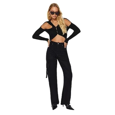 Abbildung von Trendyol Damen Jeans mit hoher Taille, 90er Jahre Stil, weites Bein Hose, Schwarz, 60