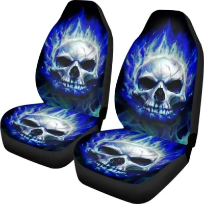 Abbildung von Biyejit Autositzbezüge, Motiv: blaue Flamme, Totenkopf Motiv, 2 teiliges Set, Fahrzeugzubehör, universelle Passform, Lkw