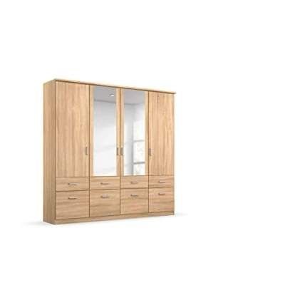 Abbildung von Rauch Möbel Bremen Schrank Drehtürenschrank Kleiderschrank in Eiche Sonoma mit Spiegel und 8 Schubladen 4 türig, inklusive Zubehörpaket Basic 1 Kleiderstange, Einlegeböden BxHxT 181x199x58 cm