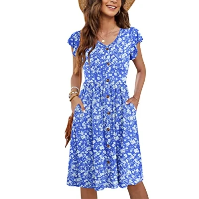 Abbildung von MOLERANI Freizeit Kleider Damen Rüschen Ärmel V Ausschnitt Casual Swing Elastische Taille Midi Kleid mit Taschen Pure Blue White Floral S