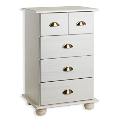 Abbildung von IDIMEX Schubladenkommode Colmar, schöne Kommode mit 4 Schubladen, zeiloser Apothekerschrank aus massiver Kiefer in weiß, praktisches Sideboard Muschelgriffe