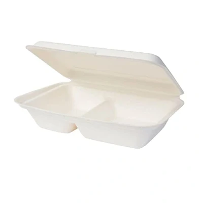 Abbildung von GREENBOX Bio Einweg Bagasse Schalen Zuckerrohr biologisch abbaubar Lunch Box geteilt 2 Kammern Klappdeckel Schale Kompostierbar 650 ml 50 Menüschalen rechteckig 25 x 16,5 cm weiß DFC013461