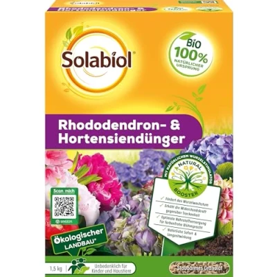 Abbildung von Solabiol Rhododendron &amp; Hortensiendünger, Spezialdünger mit Sofort und Langzeitwirkung für Rhododendron, Hortensien andere Moorbeetpflanzen, 1,5 kg, gelb
