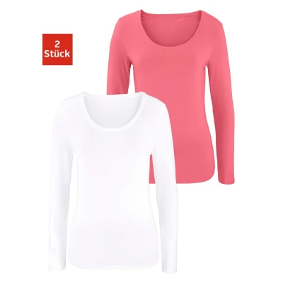 Abbildung von Lascana Langarm 2PACK Langarmshirt, Damen, Größe: 32/34, Apricot weiß