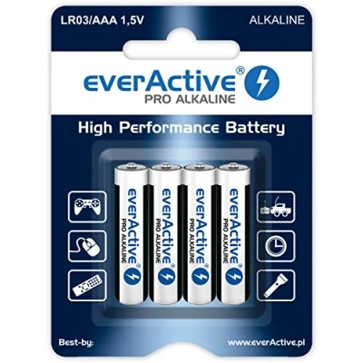 Abbildung von everActive AAA Batterien 4er Pack, Pro Alkaline, Micro LR03 R03 1.5V, höchster Leistung, 10 Jahre Haltbarkeit, 4 Stück 1 Blisterkarte