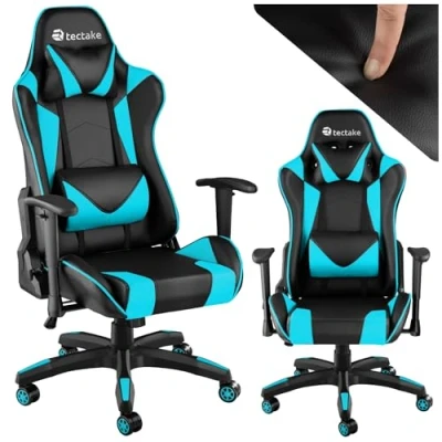 Abbildung von tectake Gaming Stuhl, Bürostuhl ergonomisch, Computerstuhl mit hoher Rückenlehne, Sessel, PC inkl. Lordosenstütze und Nackenkissen, Racing Stil schwarz/Azur