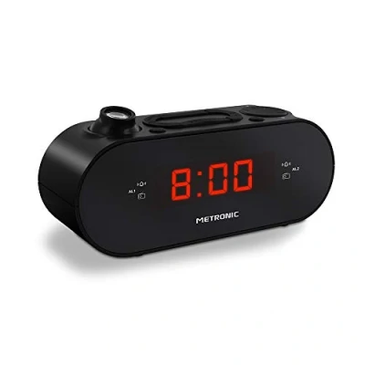 Abbildung von Metronic 477039 FM Radiowecker, Projektion, doppelter Alarm, mit Sleep/Snooze Funktion, einstellbare Helligkeit und Batterien zur Speicherung der Uhrzeit, Schwarz
