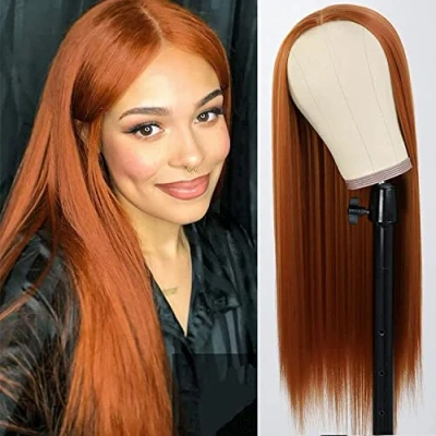 Abbildung von PORSMEER Damen Auburn Lang Glatt Perücken für Frauen Mädchen Orange Gerade Mittelscheitel Perücke Hitzebeständiges Synthetisches Haar Wig Täglich Party Kostüm 24 Zoll