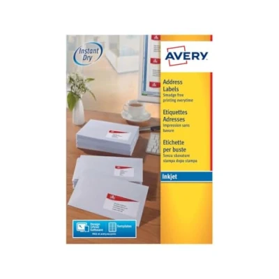 Abbildung von Avery schnelltrocknende Adressetiketten für Tintenstrahldrucker 24 pro Blatt 63,5 x 33,9 mm 2400 Etiketten weiß