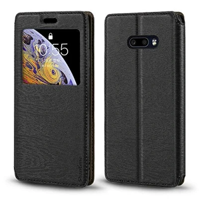 Abbildung von Shantime LG G8X ThinQ Hülle, Holzmaserung Lederhülle mit Kartenhalter und Fenster, Magnetische Flip Cover für V50S 5G Schwarz