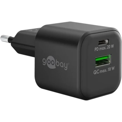 Abbildung von goobay 65864 USB C Dual Schnellladegerät Nano PD (20W) / QC A (18W) Ladegerät für Samsung, iPhone, iPad, MacBook/Ladestecker/Ladeadapter Steckdose/Netzteil Ladekabel/schwarz