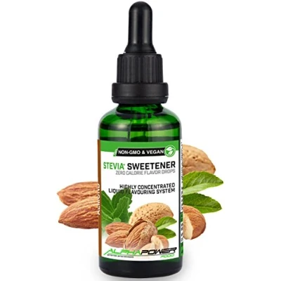 Abbildung von ALPHAPOWER FOOD Stevia, zuckerfreie flavour Drops MANDEL 100% natürliches liquid Aroma + Zuckerersatz für Wasser, Müsli, Süßspeisen, Smoothies