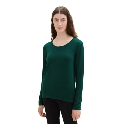 Abbildung von TOM TAILOR Damen 1044388 Basic Pullover mit Rundhalsausschnitt, 10592 Midnight Forest Green Mélange, XXL