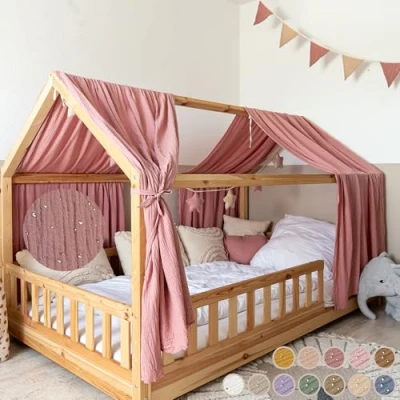 Abbildung von lilimaus Hausbett Himmel mit Gold Applikation [in 12 Farben] Betthimmel aus 100% Baumwolle Musselin Stoffhimmel für Deko Mädchen &amp; Jungen Kinderbett Vorhang