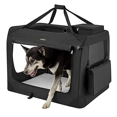Abbildung von Feandrea Hundebox faltbar, Transportbox Hund, XXXL, Hundetasche, Oxford Gewebe, Netzstoff, atmungsaktiv tragbar transportabel, Metallrahmen, mit Griffen, Taschen, 102 x 69 cm, schwarz PDC10H