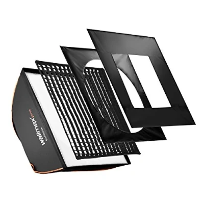 Abbildung von Walimex pro Softbox mit Gitter 60x60cm quadratisch I Inkl. 3cm Grid, Masken &amp; Diffusor Lichtformer 360 drehbar hitzeresistent Ideal für Produktfotografie Fotolicht Unterwegs im Studio