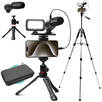 Abbildung von Movo uVlogger Android/USB C/iPhone 15 kompatibles Vlogging Kit mit Fullsize Stativ YouTube Starterkit für Content Creators Zubehör: Stative, Handyhalterung, Licht, Shotgun Mikrofon