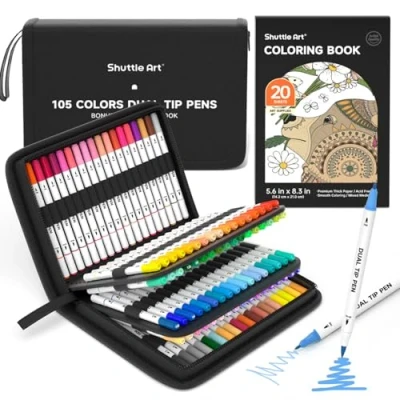 Abbildung von Shuttle Art Dual Brush Pens, 105 bunte doppelköpfige Pinselstifte mit weicher Spitze, zwei Schreibfedern: Fasermaler (1mm) und Fineliner(1 4mm), für Kinder Erwachsene 1 Malbuch zum Schreiben