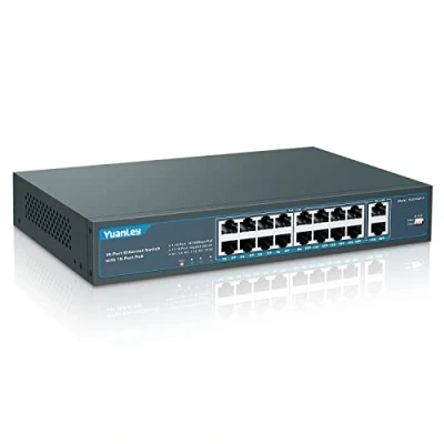 Abbildung von YuanLey 18 Port PoE Switch, 16 PoE+ 100Mbps, 2 Uplink Gigabit, 250W Integrierte Stromversorgung, 802.3af/at, Nicht Verwaltetes Plug and Play für die Rackmontage