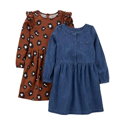 Abbildung von Simple Joys by Carter&#039;s Mädchen 2 Pack Long Sleeve Dress Set Freizeitkleid, Braun Gepard/Dunkles Jeansblau, 4 5 Jahre (2er Pack)