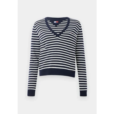 Abbildung von Tommy Jeans V Ausschnitt Pullover &quot;TJW ESSENTIAL VNECK SWEATER EXT&quot;, mit Logostickerei