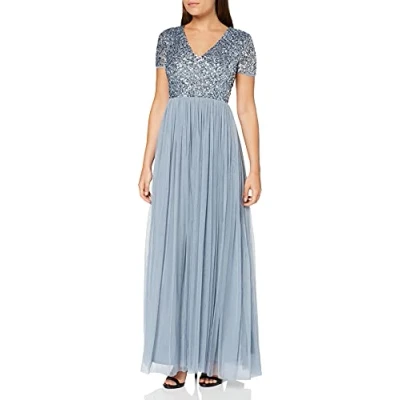 Abbildung von Maya Deluxe Damen Ballkleid Abendkleid V Ausschnitt Maxi Länge Pailletten Kurze Ärmel für Hochzeit Geburtstag Brautjungfer Bridesmaid Dress, Blue, 38