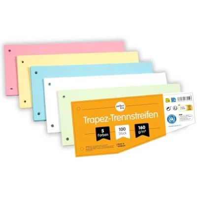 Abbildung von perfect line 100 Trennstreifen für Ordner A4, Trennblätter aus Recycling Karton, Trapez Form, 5 Farben, 2 fach gelocht, Made in Germany, Blauer Engel zertifiziert