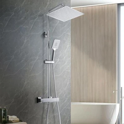 Abbildung von Görbach Thermostat Duschsystem mit Mischbatterie Duscharmatur, Edelstahl Duschstange, Regendusche Duschkopf XXL Kopfbrause 30x30cm, Chrom
