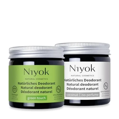 Abbildung von Niyok® 2 in 1 Deocreme (1x Green Touch + 1x Kokos ohne Parfum) Natürliches Deo Aluminium 24h Schutz vor Geruch &amp; Schweiß Deodorant Creme für Damen Herren Feste