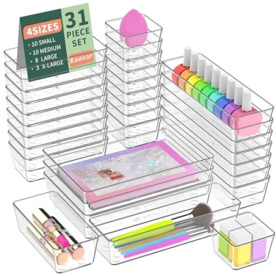 Abbildung von Radikor Schubladeneinsatz Schubladen Organizer 31 Stück Schminktisch in 4 Größen, Drawer Organizer, Make Up Ordnungssystem für Schreibtisch, Büro, Küchen, Bad