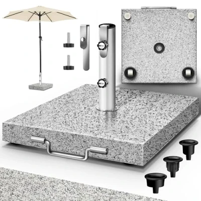 Abbildung von tillvex® Granit Sonnenschirmständer mit Rollen &amp; Teleskopgriff 27 kg Eckig Schirmständer Sonnenschirm Edelstahlrohr Balkonschirmständer für Schirmstöcke 16 48 mm 300 cm Schirmdurchmesser
