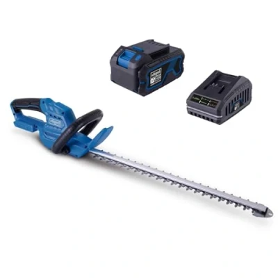 Abbildung von Scheppach Akku Heckenschere C HT570 X 20V Heckentrimmer Schnittlänge 510mm Schnittstärke 16mm IXES Serie 24000 Schnitte/Min Schwert 560mm inkl. Schwertschutz mit 4Ah &amp; Ladegerät