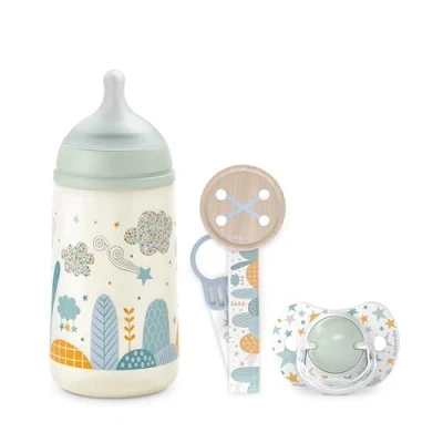 Abbildung von Suavinex, Pack für Neugeborene Sx Pro 0 6 Monate. Enthält: Anti Kolik Babyflasche 270 ml mittlerer Nahrungsfluss + Physiologischer Silikon Sauger Schnullerkette. Dreams Blue