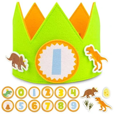 Abbildung von BONNYCO Geburtstagskrone Junge Dino Auswechselbare Zahlen von 0 bis 9 und thematische Figuren 1. Geburtstag Krone, Deko, Dinosaurier Geburtstagsdeko, Geschenke für Kinder
