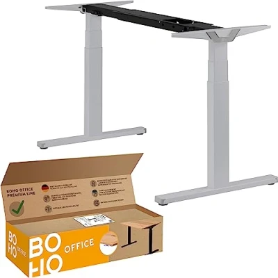 Abbildung von boho office® Höhenverstellbarer Schreibtisch Gestell Made in Germany, Elektrisch stufenlos, 2 laufruhige Motoren, 3 Fach Teleskop, Kollisionsschutz Premium Line Silber mit Wippschalter
