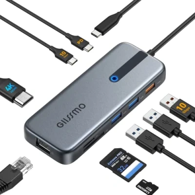 Abbildung von USB C Hub 4K@60Hz, 100W PD, Ethernet RJ45, 10Gbps C/A 3.2Gen 2, MicroSD &amp; SD Kartenleser, 2 3.0, 9 in 1 GIISSMO Kompatibel mit MacBook M1 M2, HP Dell Lenovo Laptops und mehr