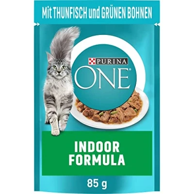 Abbildung von PURINA ONE Indoor Formula Katzenfutter nass, zarte Stückchen in Sauce für Hauskatzen, mit Thunfisch, 26er Pack (26 x 85g)