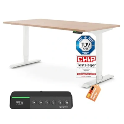 Abbildung von Ergotopia Desktopia Pro x Elektrisch höhenverstellbarer Schreibtisch, Ergonomischer Stehtisch für Büro oder Home Office (Buche, Gestell Weiß, 160 80 cm)