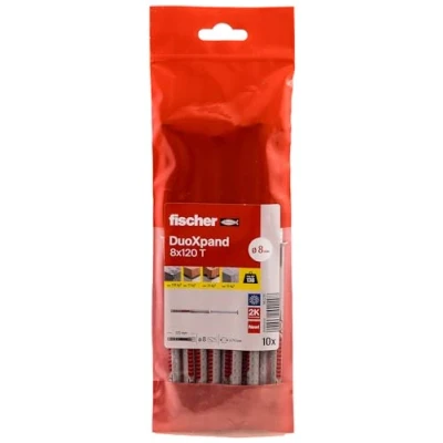 Abbildung von fischer DuoXpand 8 x 120 T, hochwertiger Universaldübel mit verzinkter Senkkopfschraube (10 Stk.), Dübel für starken Halt, ideal poröse Baustoffe &amp; randnahe Verankerungen